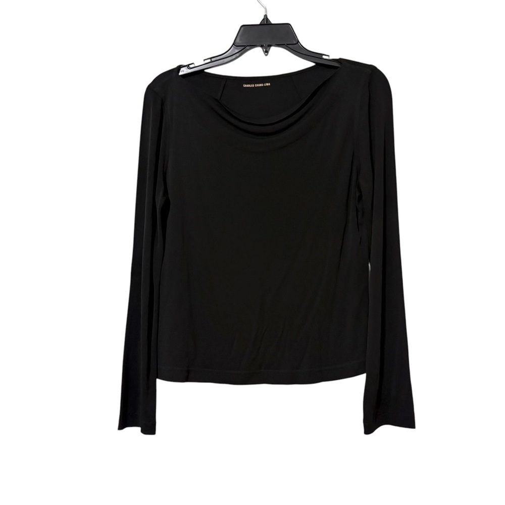 Charles Chang-Lima Black‎ Cowl Neck Long Sleeve Shirt Neutral Classic Old Money